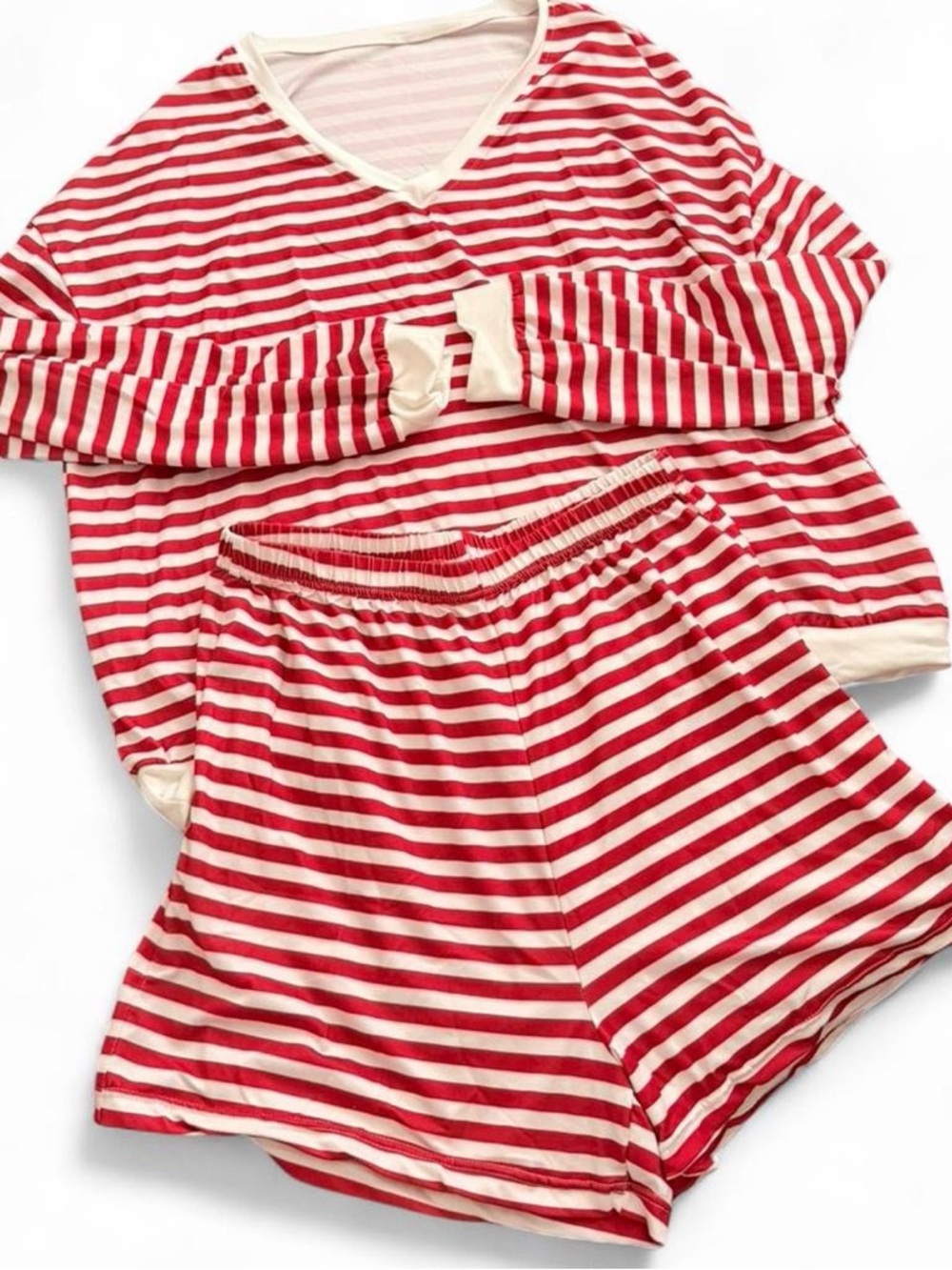 Women Red and White Striped Set - Soft Top & Shorts